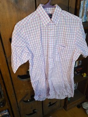 Izod Short-Sleeve Plaid Button-Down in Pink and Light Blue
